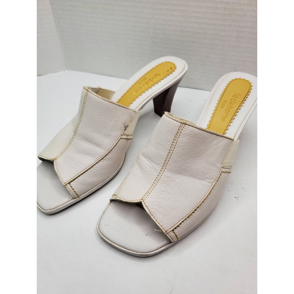 Liz Claiborne Flex LONDON High Heel Mule Shoes White Square Open Toe Womens 7.5M